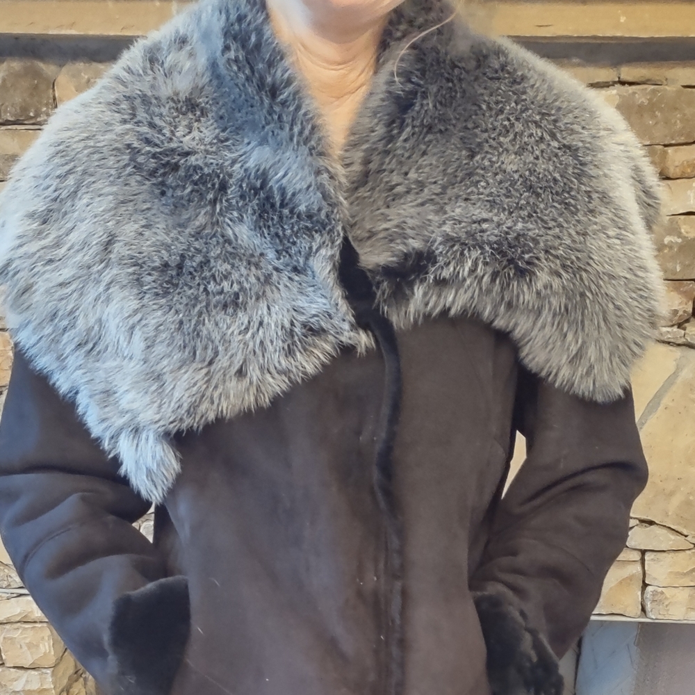 Shearling coat Lamb Fur Badgley Mischka couture black Leather suede Gray Collar - Picture 12 of 13